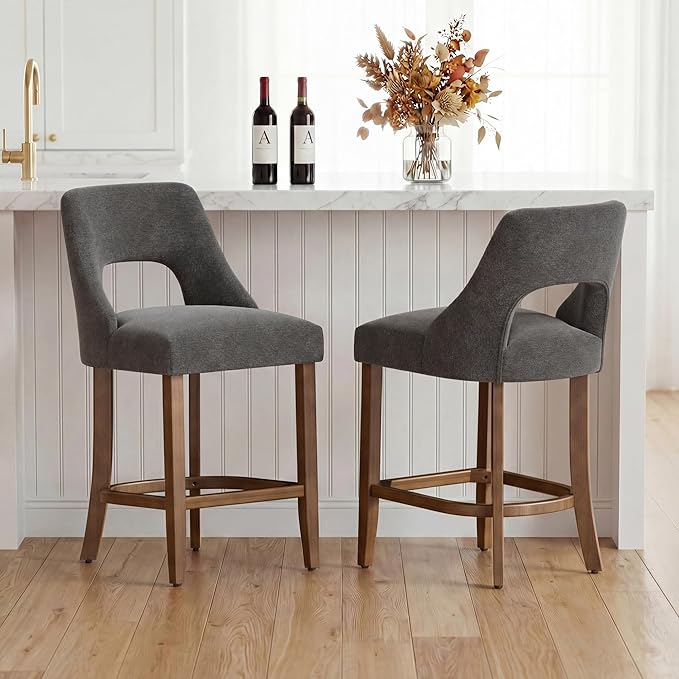 UVV Bar Stools Set of 2, Upholstered Counter Height Bar Stools, Modern Counter Stools with Wood Legs for Kitchen Island Dining Room Bar, Dark Grey