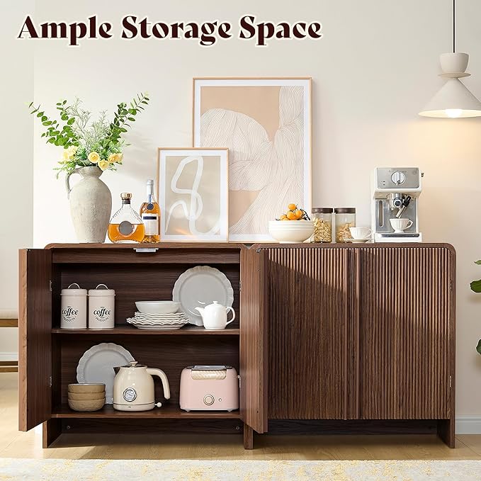 AMERLIFE 3-Piece Fluted Buffet Cabinet with Storage, Modern Sideboard Cabinet with Doors & Adjustable Shelf, Console Table & Credenza for Living Room, Kitchen & Entryway, Brown