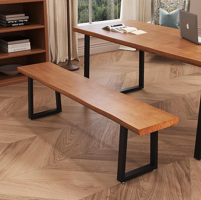Solid Wood Top Bench with Metal Legs Durable Long Bench for Home Office Living Room Dining Room Versatile Multi Size Options Perfect Chair Stool Dining Bench Dining Chair (Light brown bench, 55.12in)