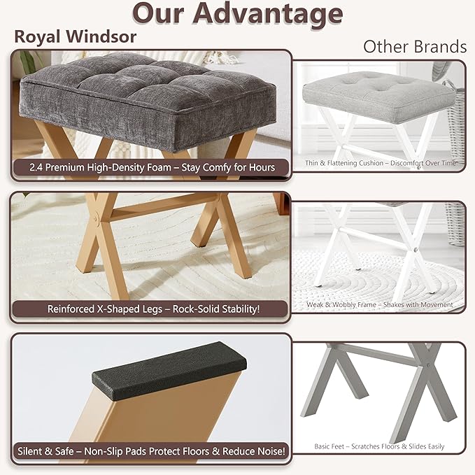 Royal Windsor Vanity Stool,Square Ottoman Stool Foot Rest,Upholstered Vanity Chair Foot Stool with Metal X Legs, Small Vanity seat for Entryway,Bedroom and Living Room,Dark Grey+Yellow