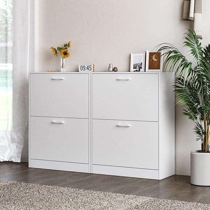 Shoe Cabinet with 2 Flip Drawers, Narrow Freestanding Shoe Organizer for Entryway,Hallway, Living Room, White