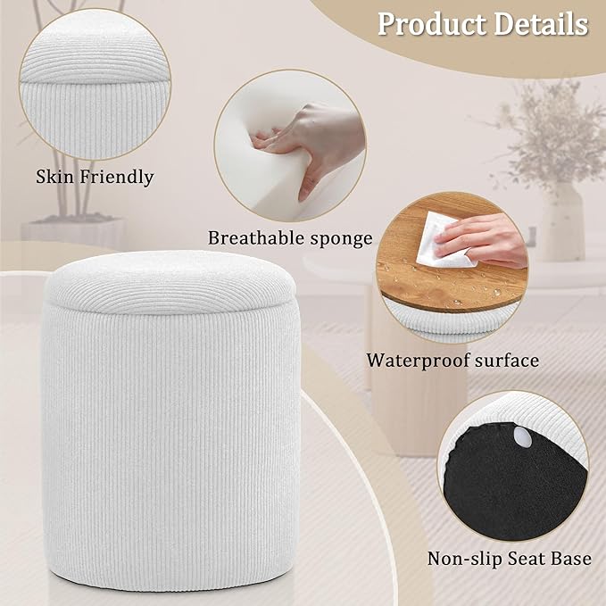 YSICK Round Ottoman with Storage, Set of 2, Small Vanity Stool as Vanity Chair, Corduroy Ottoman Foot Rest for Small Space, Living Room, Bedroom, White