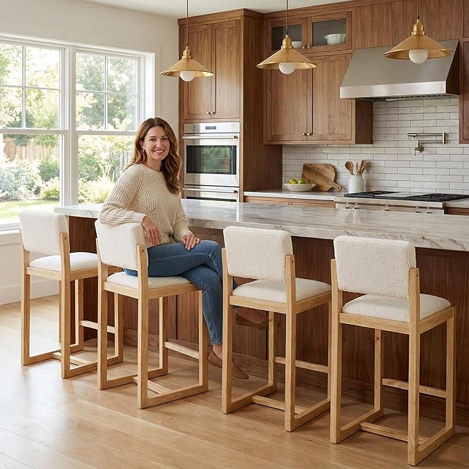 DUOMAY Modern Bar Stools Set of 4, 26" Counter Height Barstools, Sherpa Upholstered Kitchen Island Chair with Light Walnut Color Wood Legs for Home, White