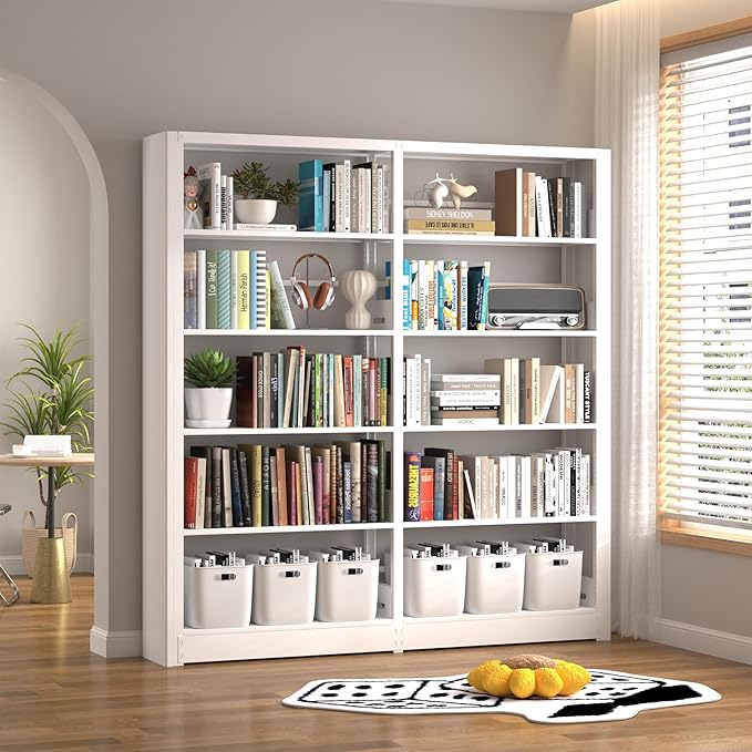 5-Tier Industrial Book Shelf, White Bookcases and Bookshelves,Tall Metal Bookcase Storage Organizer,Freestanding Bookshelf for Living Room,Home Office (White, Shelf-2)