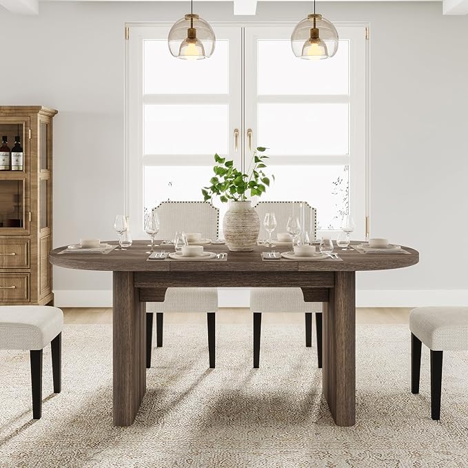 GarveeHome Oval Dining Table for 6-8 People, Long Large Kitchen Table with Thick Sturdy Wooden Base, Farmhouse Dining Room Table for for Kitchen, Living Room, Office (63" Long,Brown)
