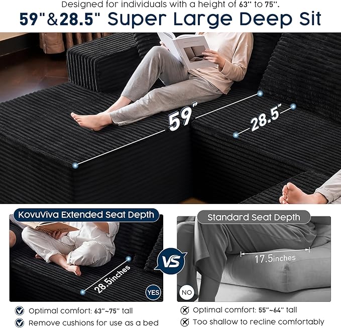 Black Sectional Couch with Ottoman, 108" Cloud Modular Couch for Living Room, Modern U-Shaped Sofa, No Assembly Required - Plush Corduroy Fabric & Deep Seat Comfort (Right Facing Chaise)