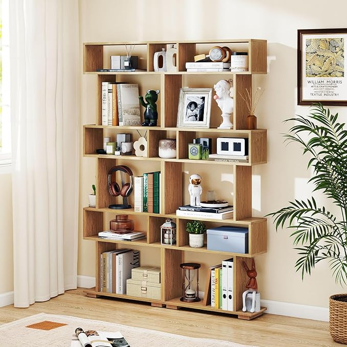 Giantex 6-Tier Geometric Bookshelves Set of 2, S-Shaped Bookcase with 2 Anti-Tipping Kits, Wooden Display Shelf, Decorative Storage Shelving Unit, Home Storage Organizer for Living Room, Natural