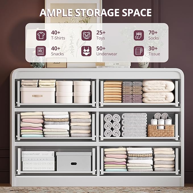 FURSUN Fluted 6 Drawers Dresser for Bedroom, 54" Wide Wooden Dresser with Metal Handle, Curved Profile Design, Modern Storage Organizer for Bedroom, Living Room, Hallway, White
