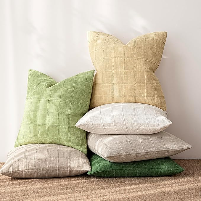 Foindtower Set of 2 Decorative Linen Check Throw Pillow Covers Neutral Farmhouse Vintage Cushion Covers Cozy Modern Boho Accent Home Decor for Sofa Chair Couch Bed Living Room,14×36 Inch,Light Yellow