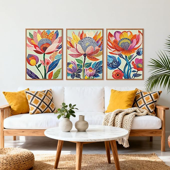 HPINUB Abstract Botanical Floral Framed Canvas Wall Art Set,(Set of 3,12X16 Inch) Colorful Dot Art Modern Flower Wall Decor,Vibrant Blooming Flowers Artwork Boho Art Print for Living Room,Bedroom
