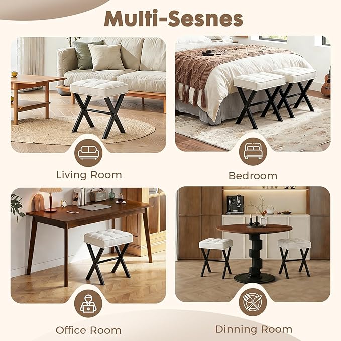 Modern Square Foot Stool Ottoman, Upholstered Vanity Chair with Metal X-Legs & Soft Linen Fabric - Versatile Seat and Footrest for Makeup, Living Room, Bedroom& Entryway(X-Black-White)