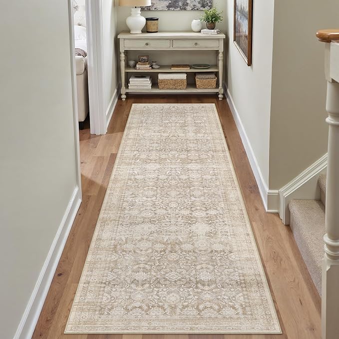 3x8 Beige Washable Neutral Runner Rug for Living Room Floral Non Slip Low Pile Runner Indoor Vintage Traditional Stain Resistant Distressed Carpet Kitchen Bedroom Dining Room Hallway Bathroom