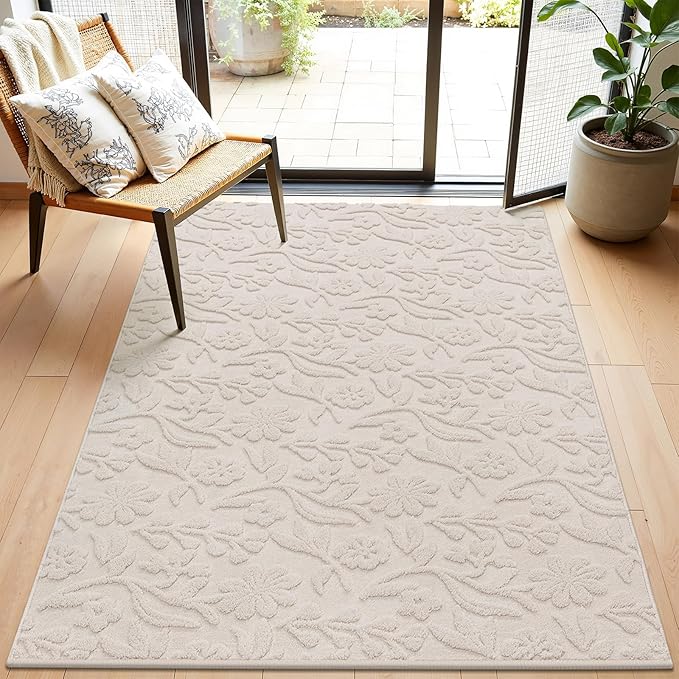 Vaukki 3x5 Area Rug for Living Room, Soft Fluffy Washable Modern Floral Indoor Floor Mat, Non Slip Shaggy Boho Accent Throw Carpet for Bedroom, Living Room, Nursery and Dining Room, Beige
