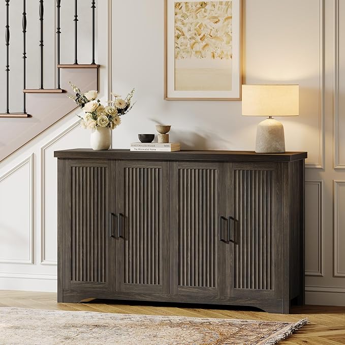 Memobarco Fluted Buffet Cabinet with Storage Accent Sideboard,Modern Credenza with 4 Doors & Adjustable Shelves,Wood Coffee Bar Table Console for Dining Room Kitchen Living Room Entryway,Gray