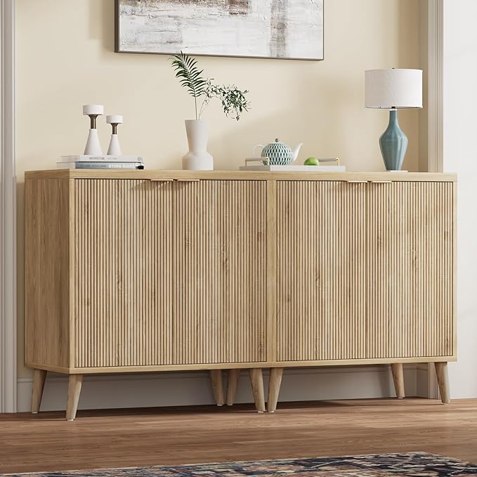 Homleke Buffet Cabinet with Storage, Modern Fluted Accent Sideboard with Doors & Adjustable Shelves, Buffet Table Entryway Cabinets for Living Room, Kitchen, Dining Room, Hallway, Natural