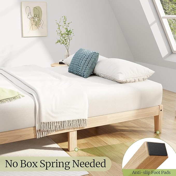 Awesofurni Queen Bed Frame, 12 Inch Solid Wood Platform Bed with Wooden Slats, Natural Finish Wood Bed Frame No Box Spring Needed, Noise Free - Easy Assembly