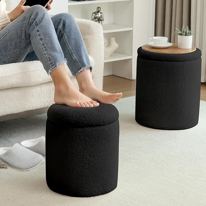YSICK Round Ottoman with Storage, Set of 2, Small Vanity Stool as Vanity Chair, Sherpa Ottoman Foot Rest for Small Space, Living Room, Bedroom, Black