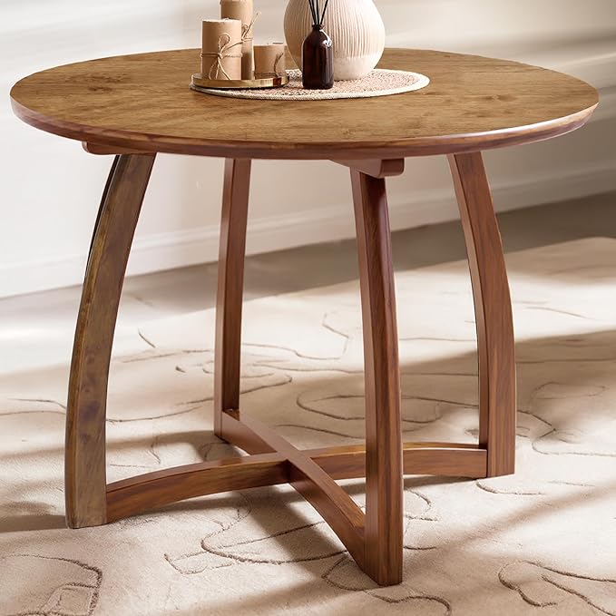 Acacia Alma 36 Inches Round Dining Table for 4, Solid Rubber Wood, Mid-Century Modern Kitchen & Dining Room Tables, Space-Saving for Living Room, Wooden Waterproof Thickened Tabletop, Natural