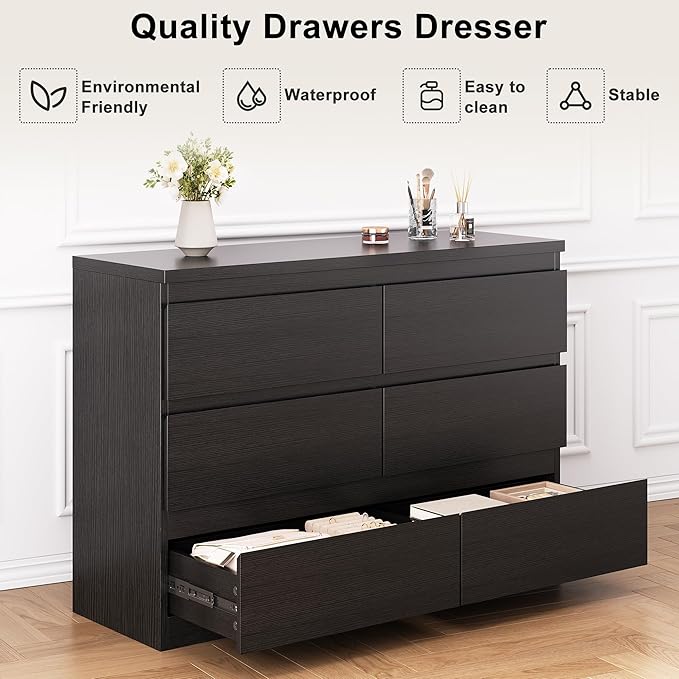 Jocoevol Modern Black 6 Drawer Dresser - Simply Chest of Drawers for Bedroom, Closet, Living Room, Hallway, Entryway, Wood Storage Double Dresser with Smooth Metal Rails - Black