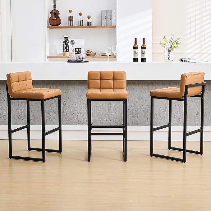 FIRAVOE Set of 3 Bar Stools, PU Leather Barstools, 30" Modern High Counter Stools with Back and Thickened Metal Legs, Upholstered Island Chairs for Kitchen Island (Caramel Brown, 3Pcs 30" Bar Stools)