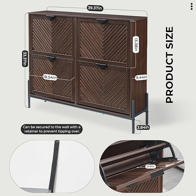 Shoe Cabinet Storage with 4 Flip Drawers, Narrow Hidden Shoes Organizer Cabinet for Entryway, Freestanding Slim Shoe Rack Front Door Entrance(Brown)