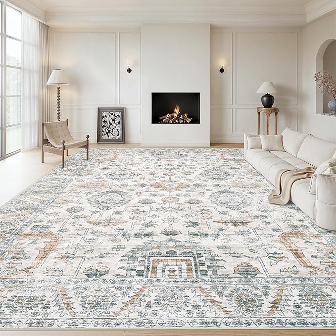 XLUEZ Area Rug 10x12 Living Room Rugs, Machine Washable Vintage Distressed Boho Area Rug Non-Slip Soft Low Pile Large Indoor Rugs for Bedroom Kitchen Dining Room Office(Brown Green,10'x12')