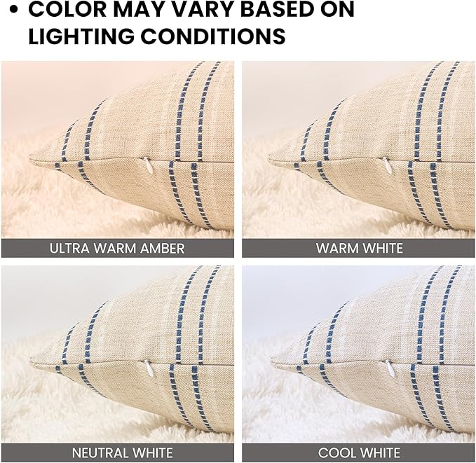 AELS 14x36 Decorative Lumbar Throw Pillow Covers, Farmhouse Linen Textured Long Pillow Case, Beige with White & Navy Blue Stitch Boho Cushion Cover for Couch Living Room (Cover ONLY)