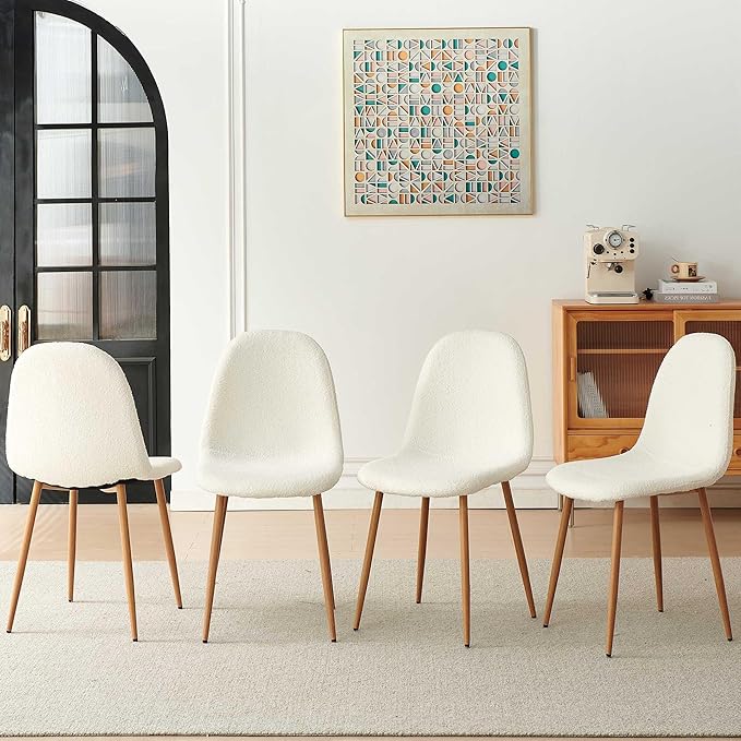 Dining Chairs Set of 4 - Modern Seating with Metal Legs for Living, Bedroom,Dining Room - White Teddy Fleece Chairs for Dining Room, Chair Set for 4