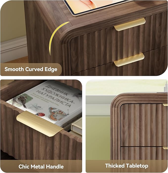 Decofy Fluted Nightstand with Charging Station, Modern Bedroom Side Table with Gold Handles, Curved Profile Design, End Table Wood Organizer for Bedroom, 19.7" & 3 Drawers (1 Pack, Walnut)
