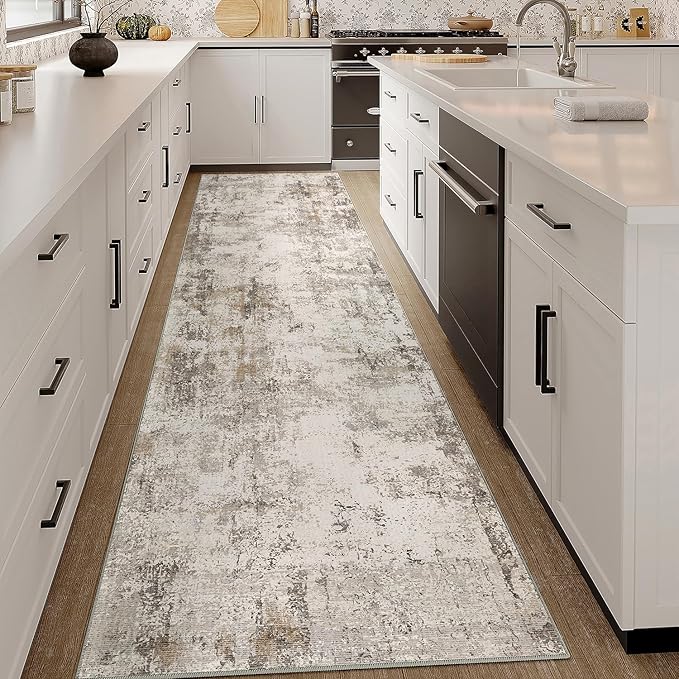 2x10 Washable Runner Rug Brown Grey Abstract Non Slip Soft Low Pile Hallway Kitchen Rug Neutral Modern Carpet for Laundry Bathroom Bedroom Living Room Home Decor