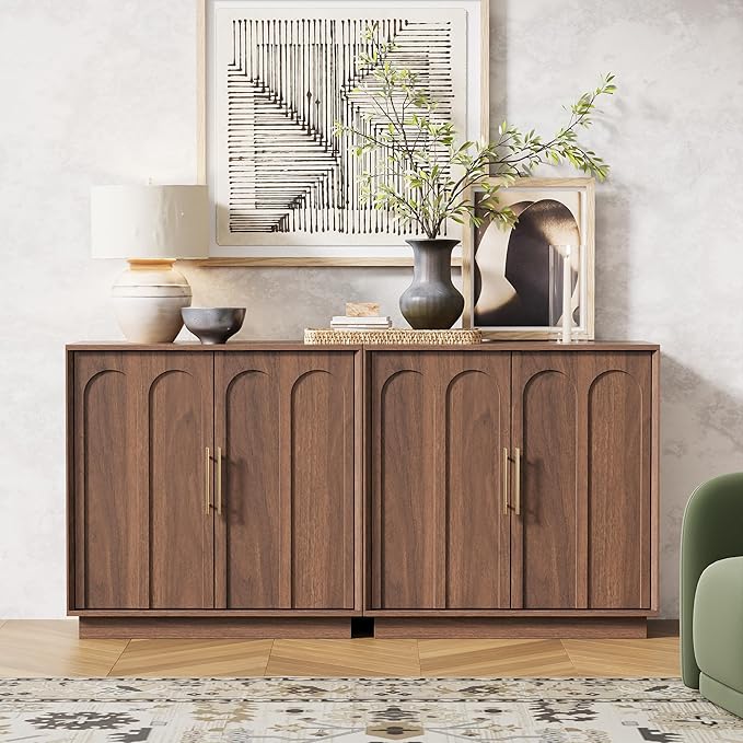 FORTUNETEC Sideboard Buffet Cabinet with Storage Set of 3, Mid Century Modern Accent Cabinet with Arched Doors, Modular Media Console, Credenza for Living Room Kitchen Dining Room Entryway, Walnut