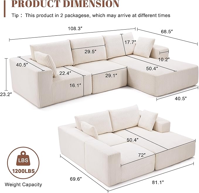 Weture 108” Modular Sectional Sofa, Cloud Sectional Couch with Deep Seat, Modern Modular L-Shape Sofa with Chaise,Upholstered Boneless Couches for Living Room (Corduroy, Beige)