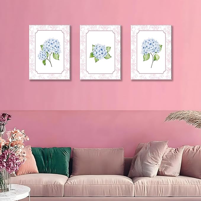 Blue Hydrangea Wall Art Set of 3, Preppy Blue Hydrangea Canvas Prints Poster Picture, Floral Aesthetic Wall Decor for Teen Girls Bedroom Dorm Apartment 12x16 Inch Framed