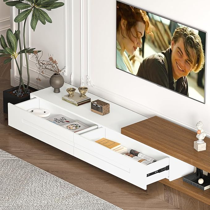 Extendable TV Stand with 2 Drawers, 80"-115" Modern Wood TV Console for Up to 120 Inch TV, Long Reversible Entertainment Center with Storage for Living Room Bedroom, White& Walnut