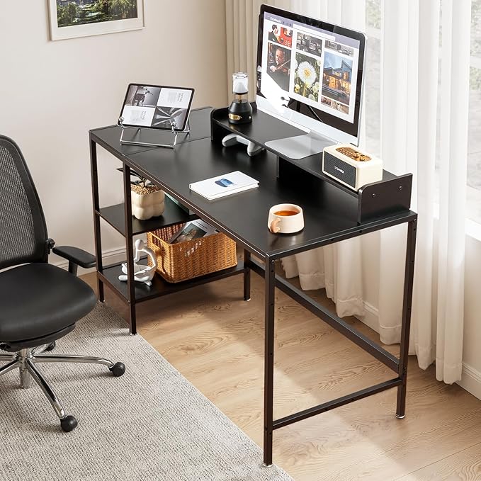 MINOSYS 47-inch Computer Desk with Storage Shelf - Your Ideal Black Gaming Desk for Bedrooms, Small Spaces, and Home Offices. This Modern Writing Desk is Perfectly Suited for PCs.