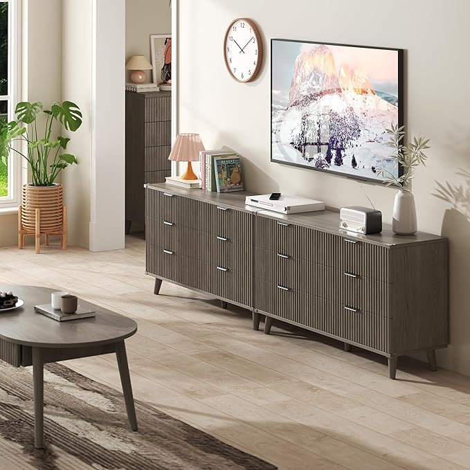 Lulive Wood Dresser for Bedroom with 6 Drawers, 53.2" Long Fluted Modern Chest of Drawers Storage Organizer, Dressers TV Stand for Living Room, Closet, Hallway (Dark Grey Oak)
