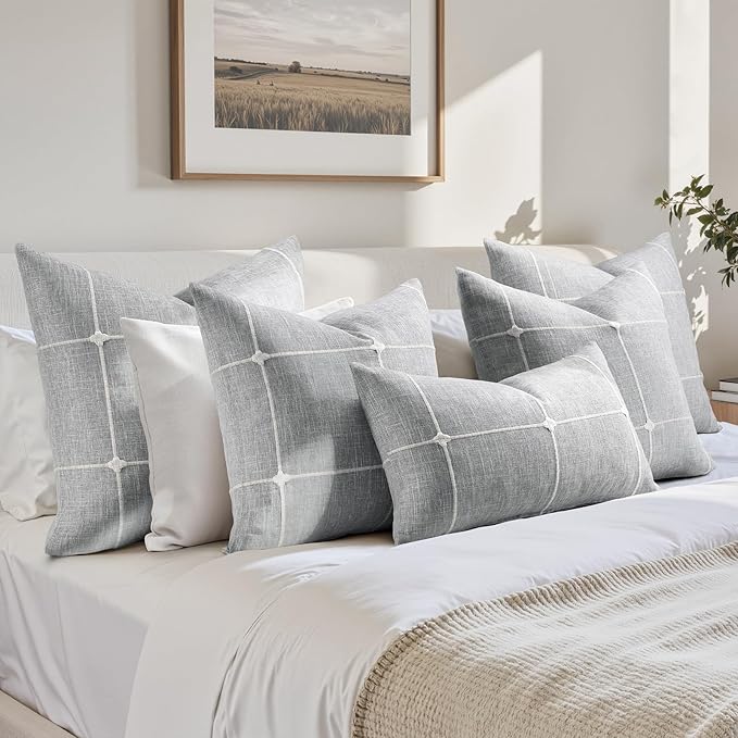 HOMEIDEAS Decorative Plaid Throw Pillow Covers 18x18 Set of 2, Grey Farmhouse Pillow Covers, Neutral Faux Linen Cushion Covers for Couch Sofa Bed Home Decor