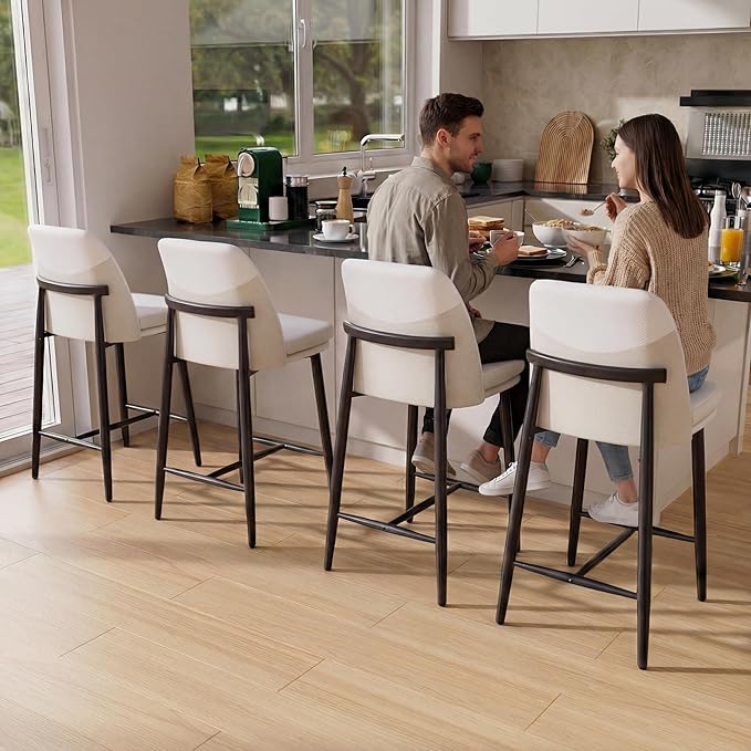 GXJ Bar Stools Set of 2, Upholstered Counter Height Bar Stools, 26 Inch Modern Counter Stools with Back, Textured Leather&Fabric, Metal Legs,Barstools for Kitchen Island Dining Room, White