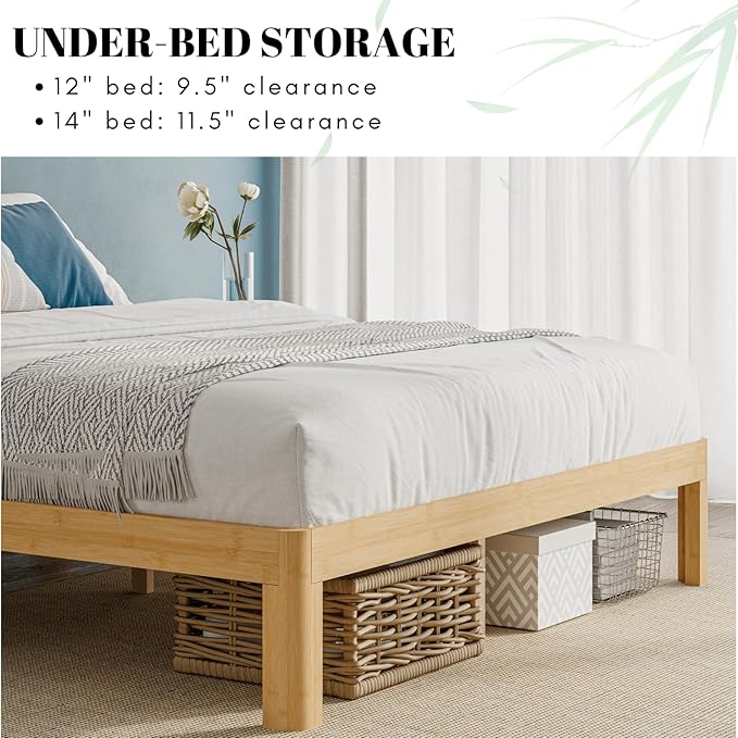 12 Inch High Bamboo Wood Full Size Bed Frame, Metal Slats Support Bed Frames Full, Reinforced, Noise Free, No Box Spring Needed, Easy Assembly