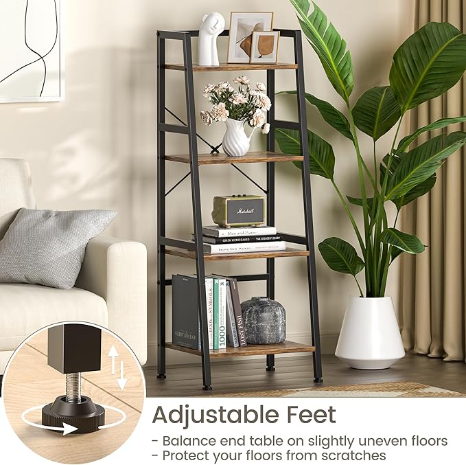 4-Tier Bookshelf, Ladder Shelf, Stand Up Shelves, Industrial Bookcase with Steel Frame, Metal Small Bookcase, for Living Room, Home Office, Kitchen, Bedroom, Industrial Style （Rustic Brown & Black）