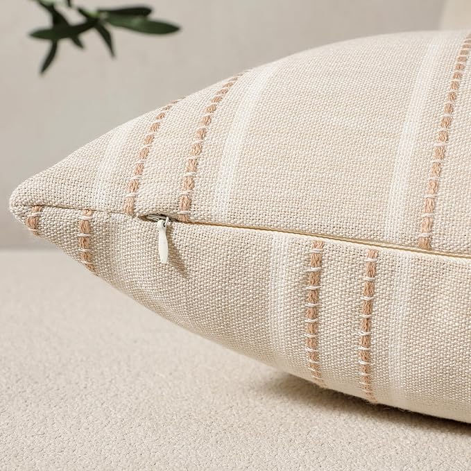 Hckot Hand Made Throw Pillow Covers 16x16 Set of 2 Striped Pillow Covers Linen Decorative Pillows Square Cushion Covers for Sofa Couch Bed Living Room Farmhouse Decor, Khaki