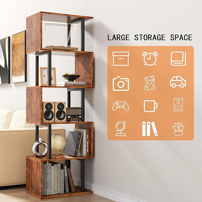 Furologee 6 Tier Bookshelf, Tall S Shaped Geometric Bookcase, Modern Display Shelf Standing Unit, Wood Metal Decorative Divider Rack for Living Room Bedroom Office, Rustic Brown | Tall, Bookcase, Display, Book Shelf, Decorative, Bookshelves