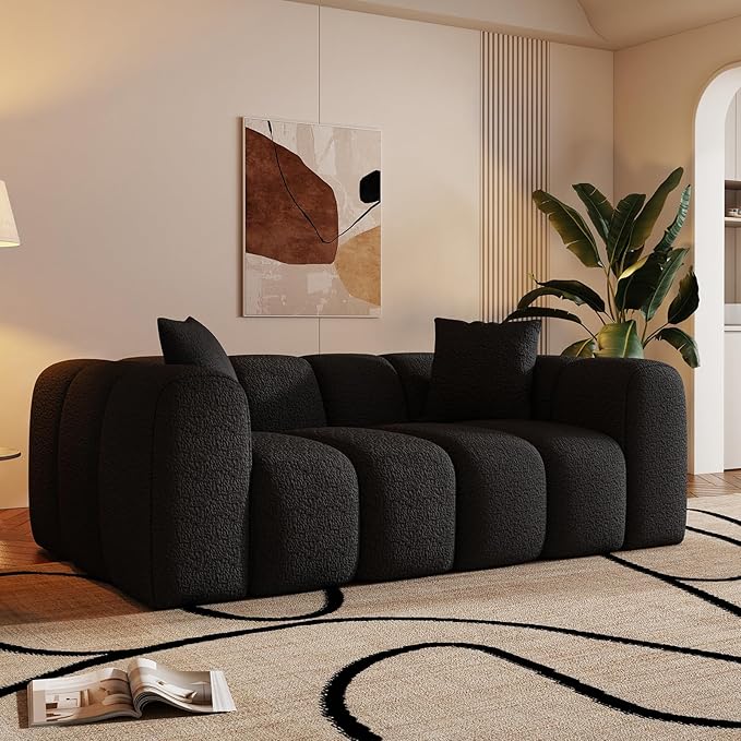 WHGBJA 70" Modern Chenille Fabric Sofa Couch – One-Piece Memory Foam 3-Seater Sofa with Rounded Arms, Soft & Cozy Upholstery for Living Room (Black)
