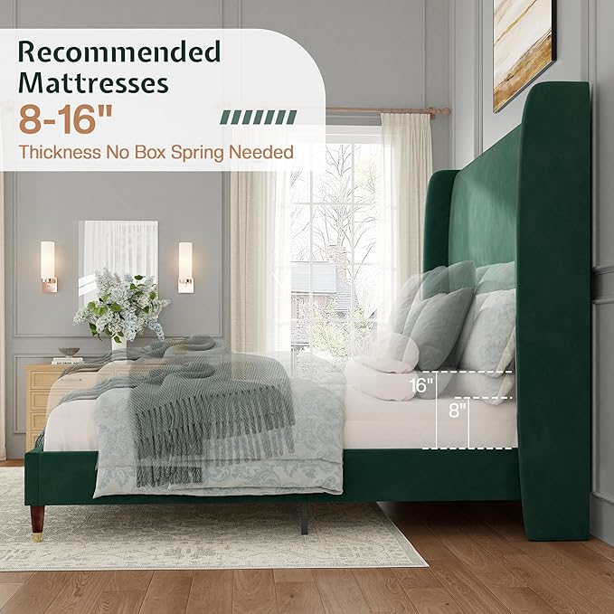 Jocisland Queen Size Bed Frame 51.2" Wingback Headboard Velvet Upholstered Platform Bed with Solid Wood Legs & Wooden Slats, No Box Spring Needed, Modern Minimalist Style, Easy Assembly, Dark Green