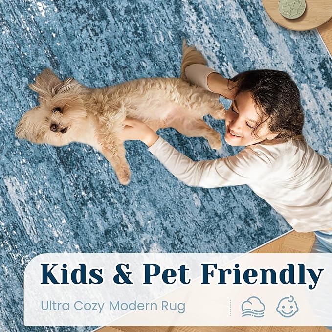 Washable Rug 8x10 Area Rugs for Living Room: Large Neutral Soft Rug Abstract Non Slip Low Pile Modern Carpet for Bedroom Kitchen Nursery Office Dining Room Indoor (Darkblue, 8'x10')