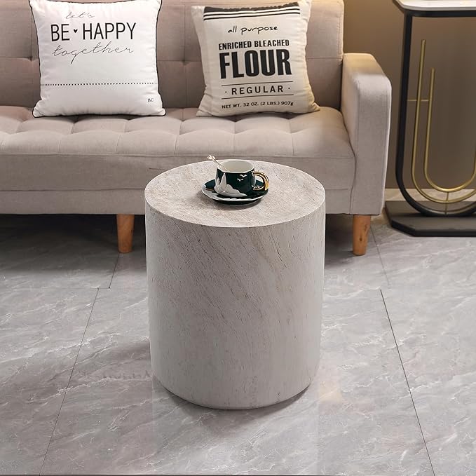 WILLIAMSPACE 15.75" Round End Table in Faux Marble, Modern Circle Drum Stone Side Table Travertine Small Coffee Table for Living Room, Outdoor, Magnesium Oxide, No Need Assembly, Light Beige