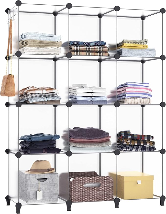Closet Organizer, 12-cube Closet Organizers and Storage, Portable Cube Storage Organizer, Closet Shelves for Kids, Closet, Bedroom, Bathroom, Office, Transparent