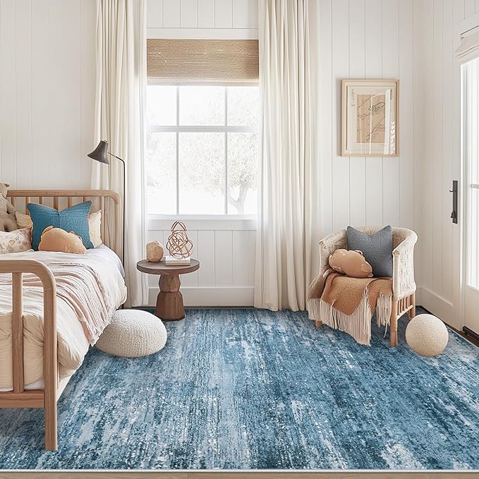 Washable Rug 5x7 Area Rugs for Living Room: Neutral Soft Rug Abstract Non Slip Low Pile Modern Carpet for Bedroom Kitchen Nursery Office Dining Room Indoor (Darkblue, 5'x7')