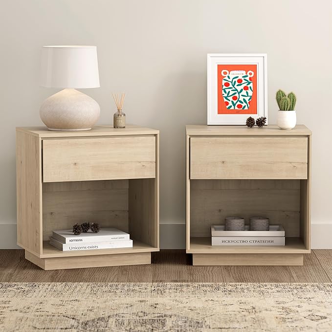 EYYTHUNG Modern Nightstand, Wood End Side Table with Storage and Open Shelf, Farmhouse Accent Night Stand Bedside Table for Bedroom, Light Oak