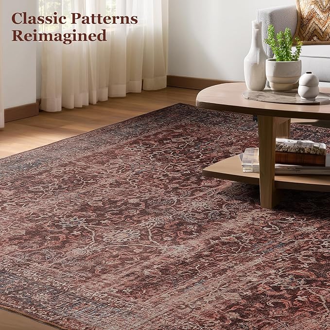 Brick Red Area Rugs 9x12 Living Room, Vintage Distressed Rustic Washable Rugs for Bedroom Non Slip, Low Pile Thin Large Carpet Rug for Dining Room Stain-Resistant, Earth Tone Brick Color